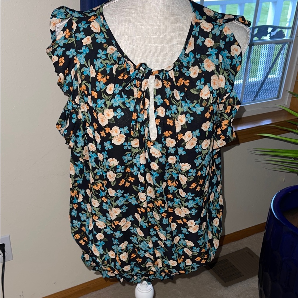 INC International Concepts Floral Ruffle Blouse - Black, Blue, Cream